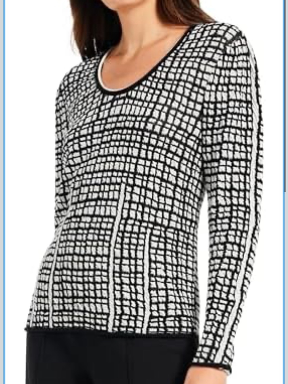NIC+ZOE Black and White Grid Scoop Neck Sweater